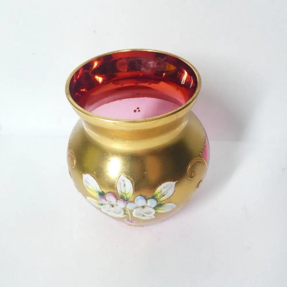 Cranberry Glass Vase Gold Flowers Bohemian Czech Vintage 3.5